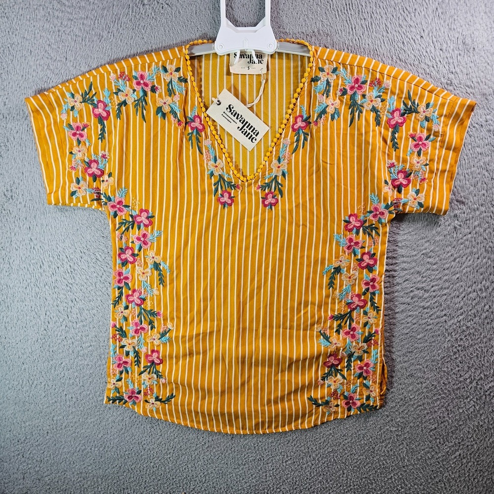 NEW Savanna Jane Boho Embroidered Top Women Small V-Neck Floral Multicolor